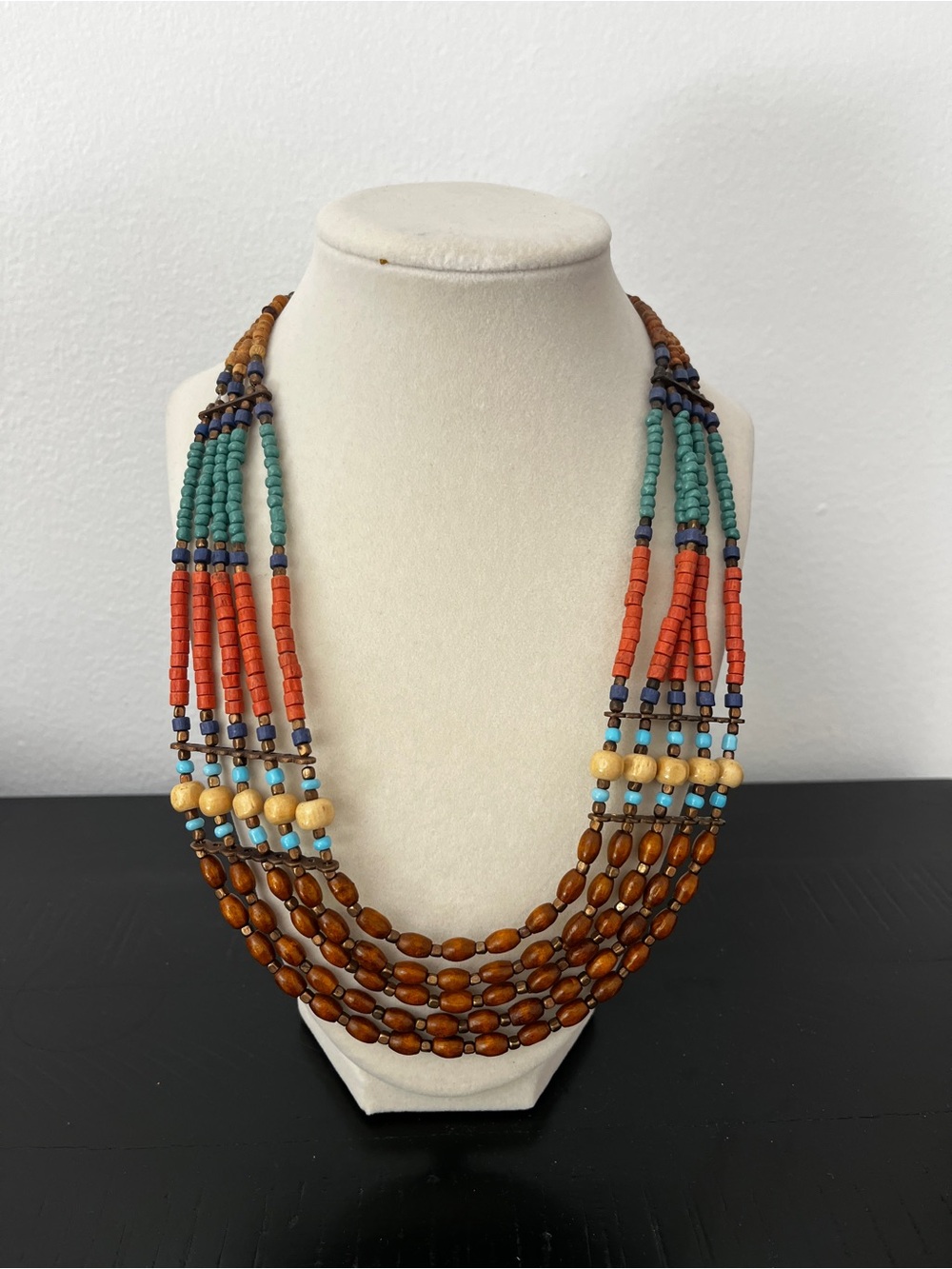 Multi-Strand Beaded Necklace in Brown, Coral & Teal
